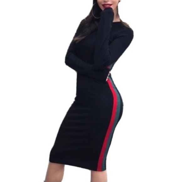 ZARA • Black Midi Dress Red & Green Side Stripe - Picture 9 of 9